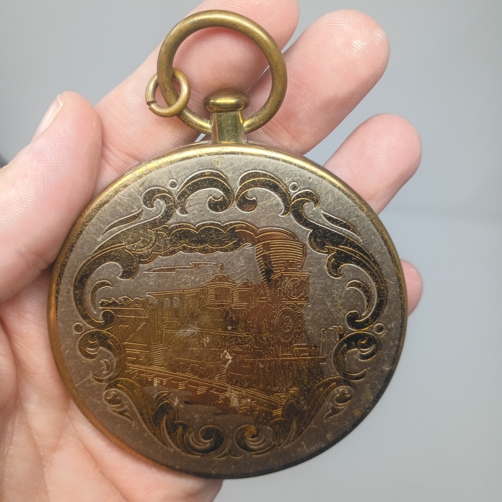 Vintage Wadsworth Pocket Watch Style Makeup Compact Etched Steam Train Gold Tone